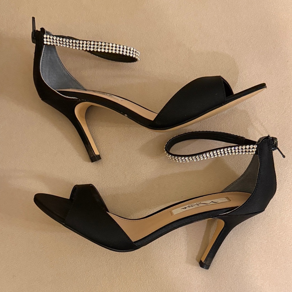 Nina Black Satin Heels with Rhinestone Straps - Volanda-LS Size 8M - Picture 5 of 6